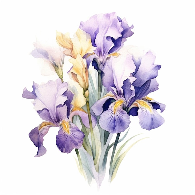 A bouquet of irises with a yellow center.