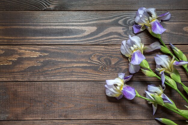 Bouquet of irises on a wooden background. Place for the text.