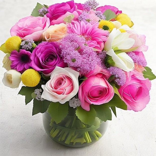 bouquet is a stunning arrangement of vibrant flowers set against a backdrop of fresh green leave