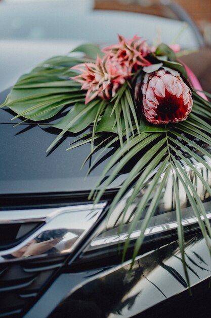 자동차 후드에 왕 protea와 빨간 파인애플의 꽃다발
