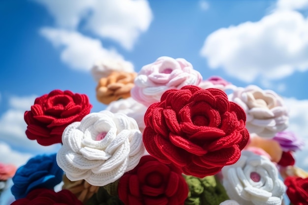 A bouquet of knitted flowers with a blue sky in the background.