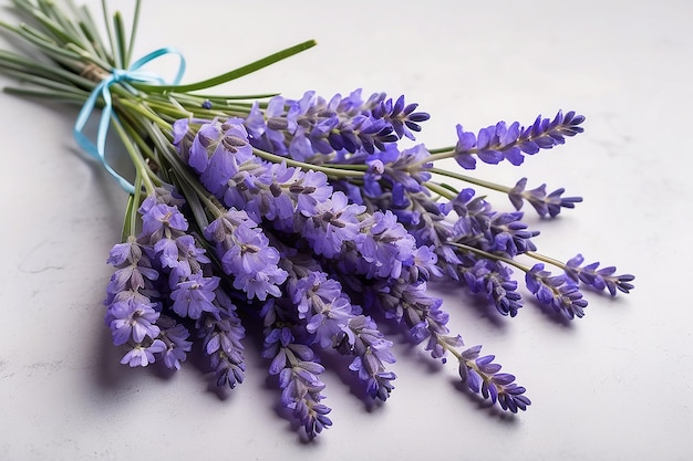 A bouquet of lavender blue flowers on a light background top view