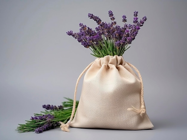 Foto bouquet di lavanda in un sacchetto di lino su uno sfondo grigio