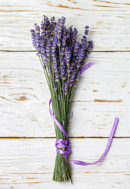 Bouquet of lavender on an old wooden table