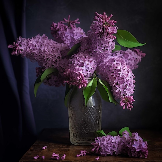 暗い背景に花瓶にライラックの花の花束