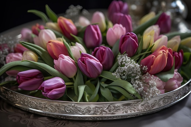 a bouquet of lilac and lemonyellow tulips arranged on a silver platter