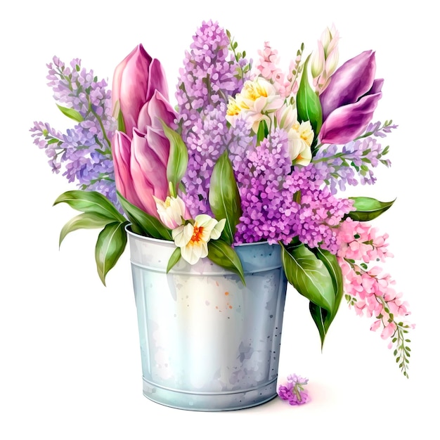 A bouquet of lilacs in a bucket