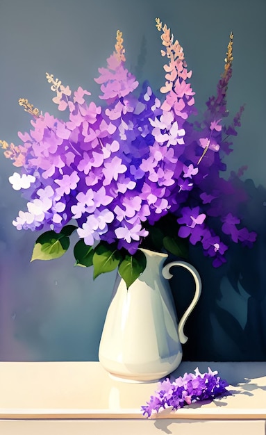 花瓶のライラックの花束 水彩画