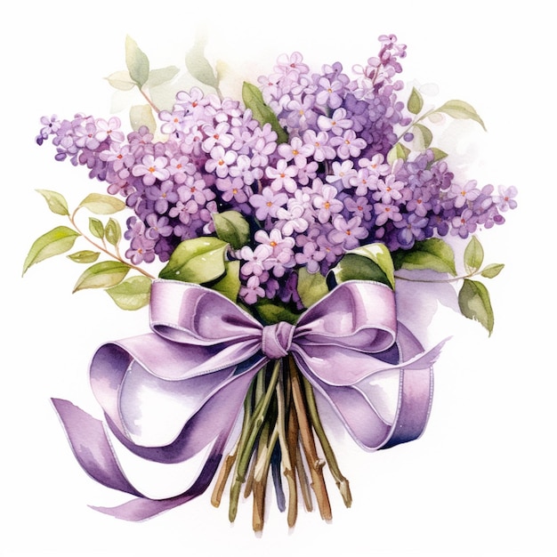 A bouquet of lilacs with a bow is displayed on a white background.