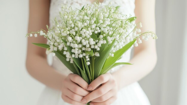 女性の手に谷の百合花の花束