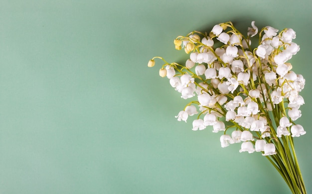 Bouquet of lilies of the valley on the green background . Top view, flat lay with space for text