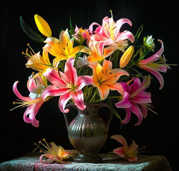 Bouquet of lilies in a vase on a dark background