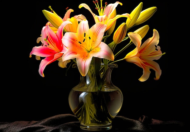 Bouquet of lilies in a vase on a dark background
