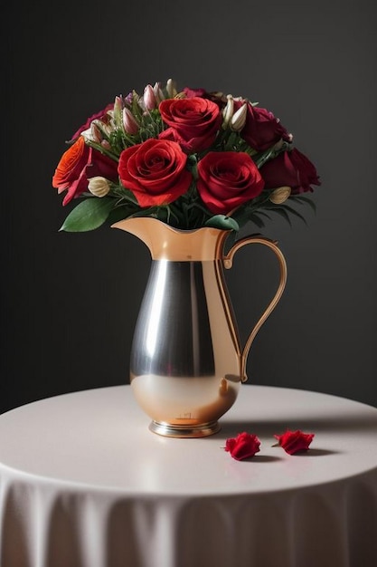 Bouquet of lilies vase in front of a red curtain