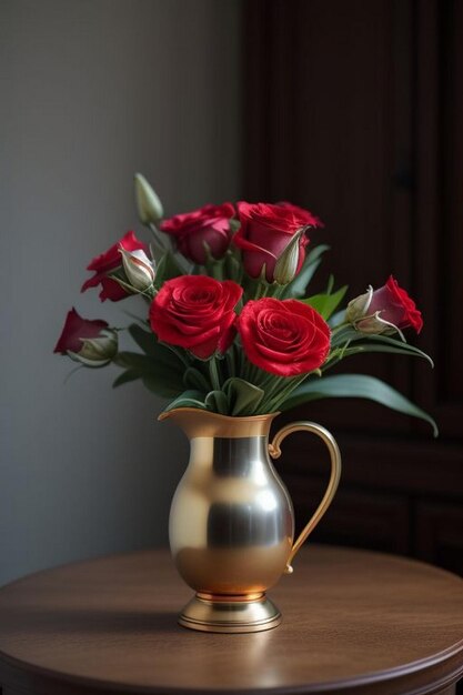 Bouquet of lilies vase in front of a red curtain