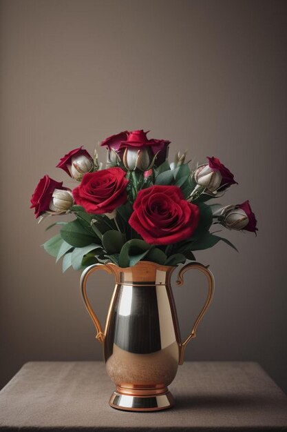 Bouquet of lilies vase in front of a red curtain