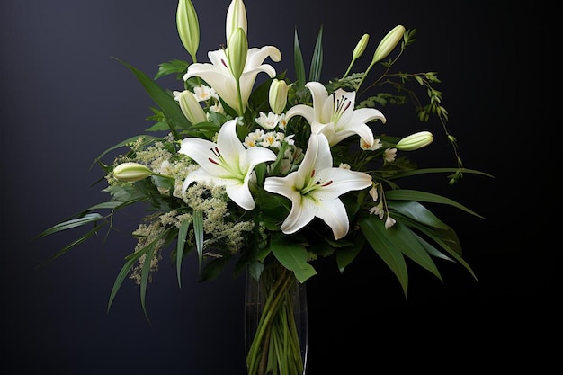 a bouquet of lilies with a dark background.