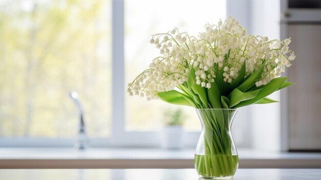 谷の百合花束がキッチンの花瓶の中に立っています