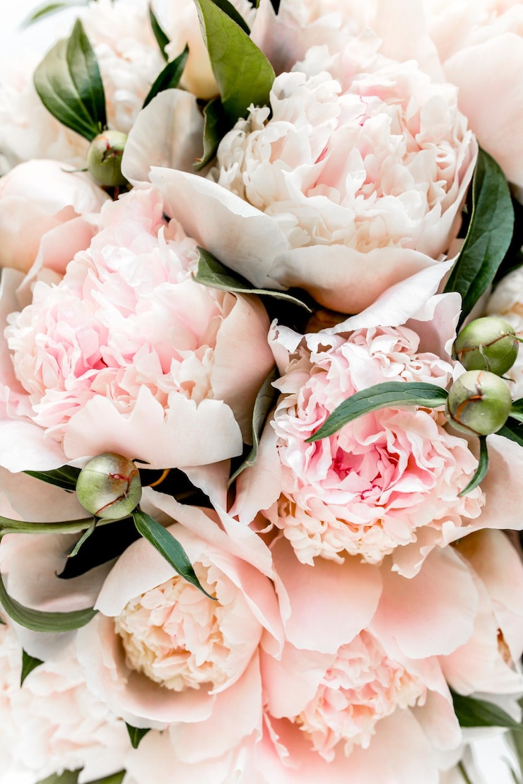Photo bouquet of a lot of peonies of pink color close up flat lay top view peony flower texture