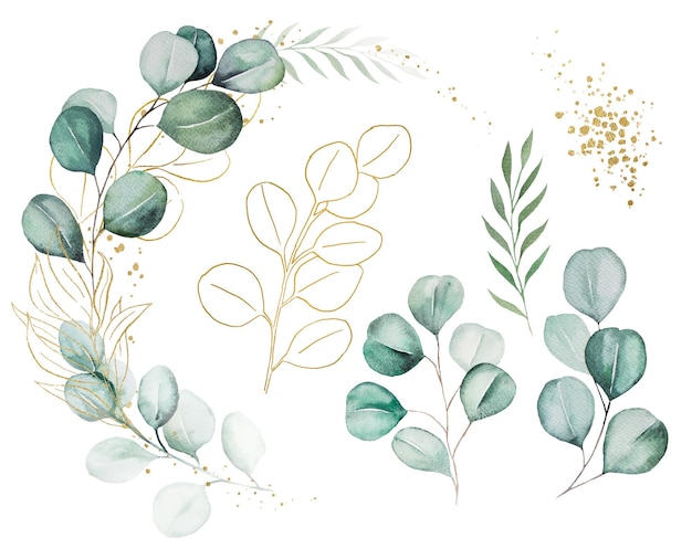 Bouquet made of green and golden watercolor eucalyptus leaves wedding illustration