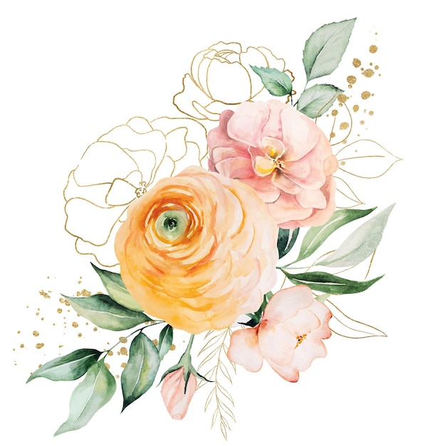 Bouquet made of pink and orange watercolor flowers and green leaves wedding illustration