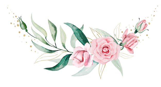 Photo bouquet made of pink watercolor flowers and green leaves wedding and greeting illustration