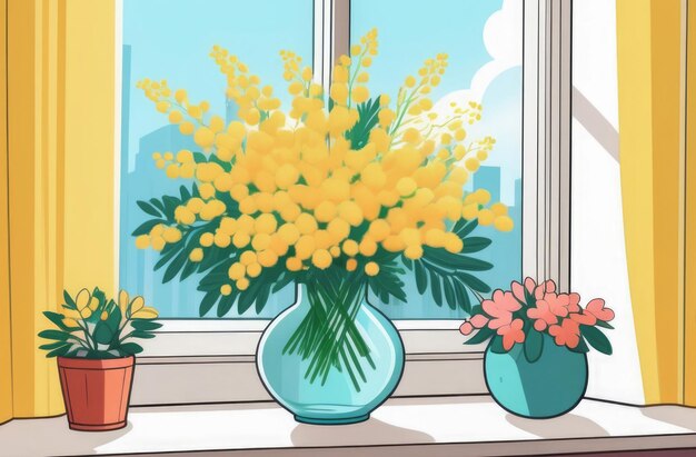 Bouquet of mimosa in a vase on the windowsill