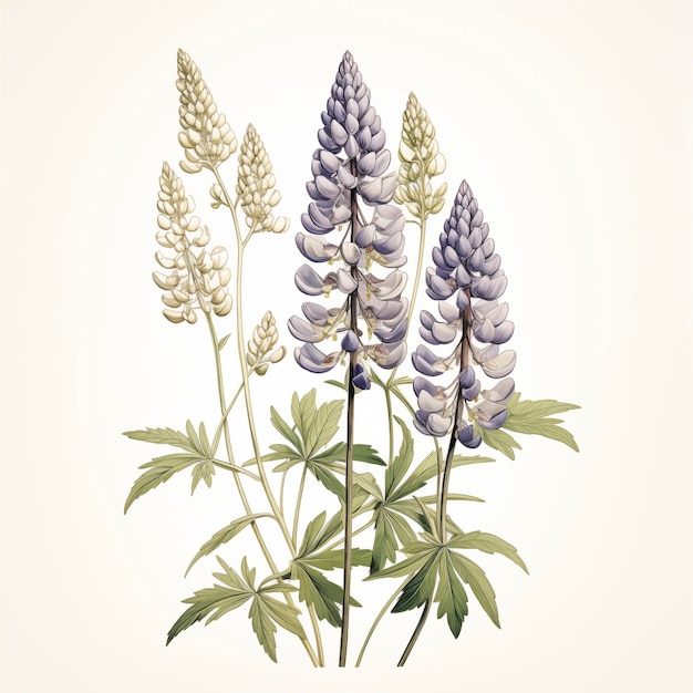 Bouquet of multicolored lupins on white background