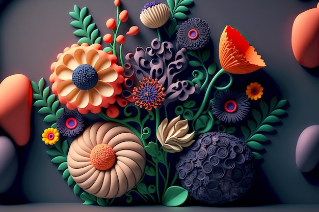 Букет разноцветных пластилиновых цветов на темно-сером фоне, созданный с помощью генеративного ИИ