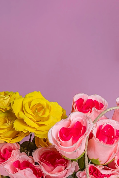 Bouquet of multicolored roses on pink background with copy space