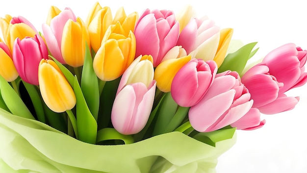 Bouquet of multicolored tulip flowers in white pot close up isolated on white background Ai Generate