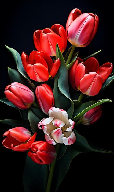 Bouquet of multicolored tulips on a black background