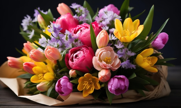 Bouquet of multicolored tulips on grey background in the style of bold color combinations