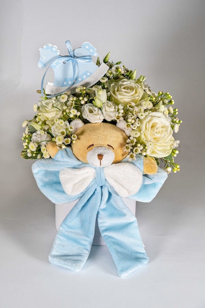 Bouquet for newborn baby girl or boy. Flowers composition, gift for kids