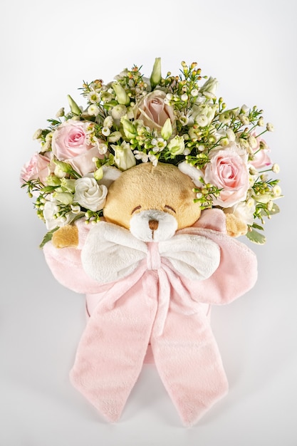 Bouquet for newborn baby girl or boy. Flowers composition, gift for kids