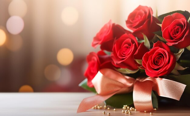 写真 木製のテーブルのクローズアップで美しい赤いバラの花束