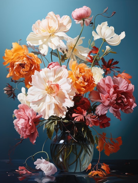 Фото Букет красочных цветов в вазе на синем фоне