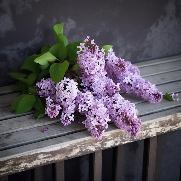 写真 紫のリラックの花束が古い本の上に横たわっている