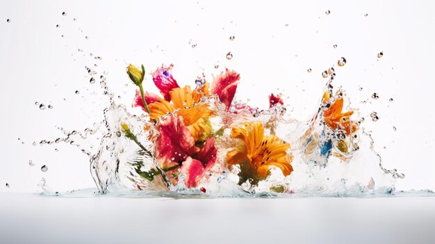 写真 カラフルな水のカラフルな色の水しぶきで白い背景の上の花の花束