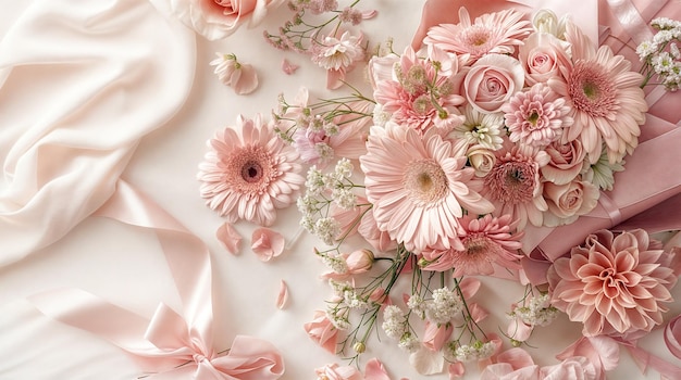 写真 白い背景の花束 ピンクの紙 母の日