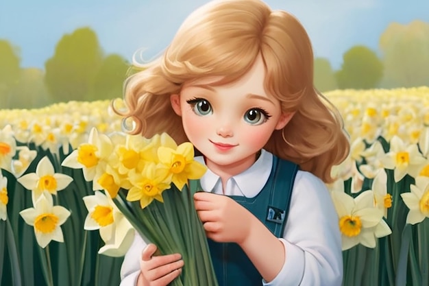 Bouquet of Love Character Picking Daffodils Illustratie