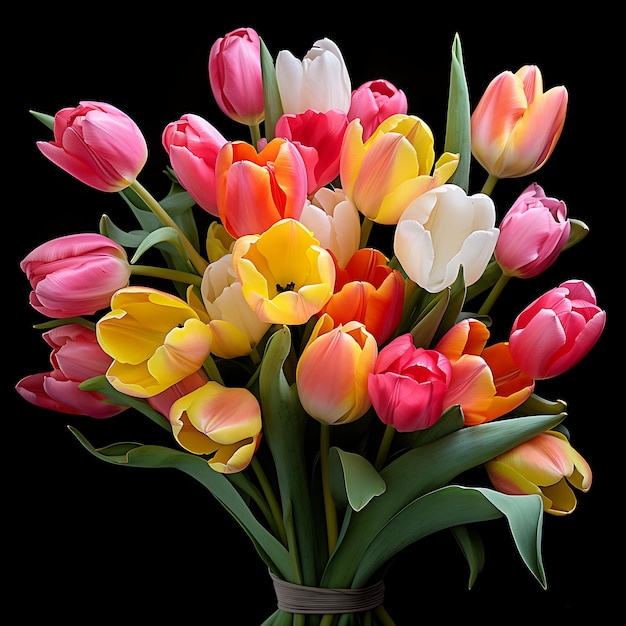 Фото Букет разноцветных тюльпанов на черном фоне