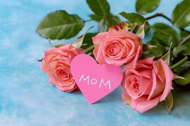 Фото Букет розовых роз с бумажным сердцем на синем фоне