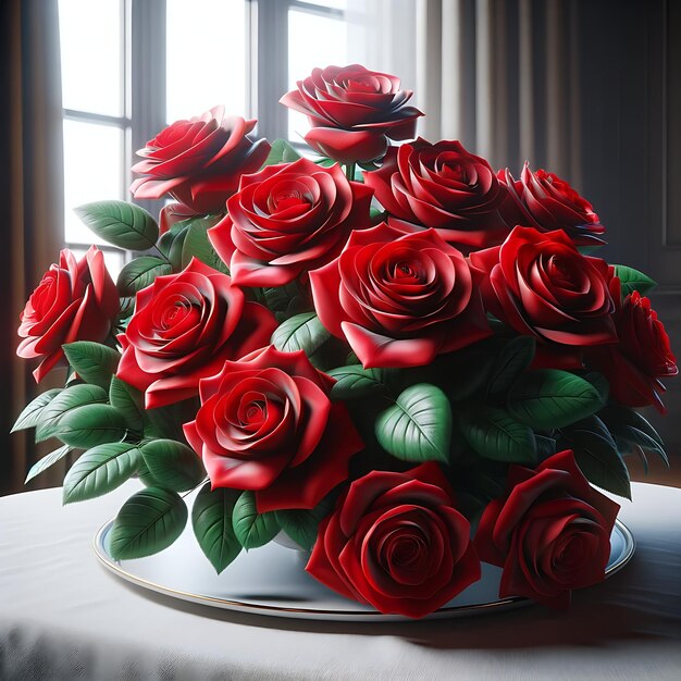 写真 テーブル に 置か れ た 赤い バラ の 花束