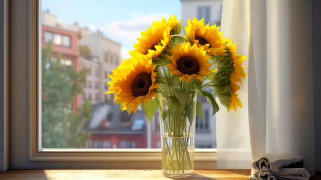 写真 窓際の街の背景に窓際のサンフラワーの花束