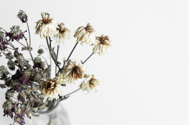 写真 白い壁にしおれた花の花束