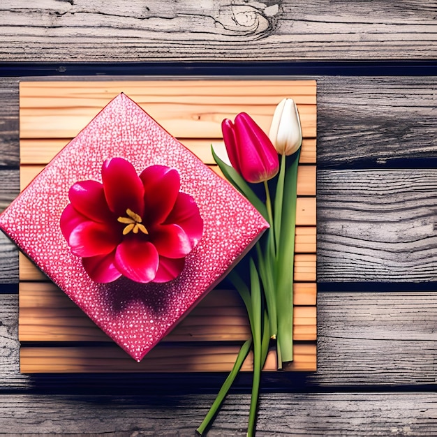 bouquet ofred tulips and pink gift box on white wooden table