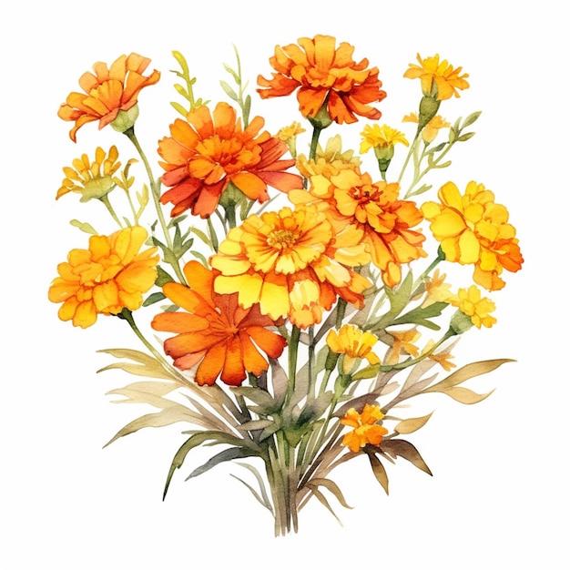 A bouquet of orange flowers with green leaves on a white background.