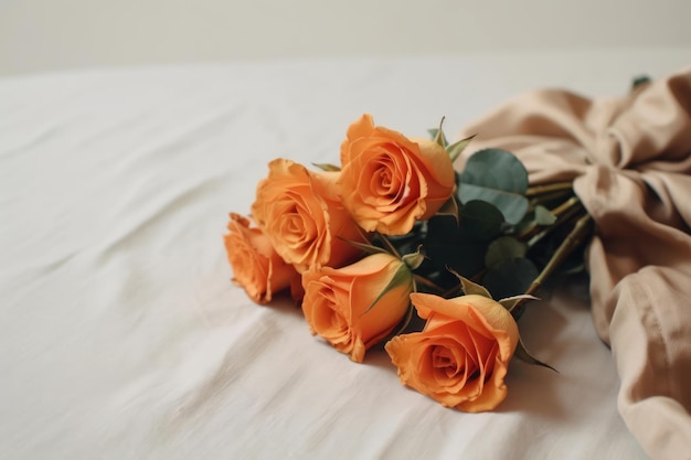 A bouquet of orange roses on a bed