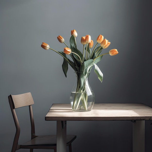 Bouquet of orange tulips in vase on wooden table